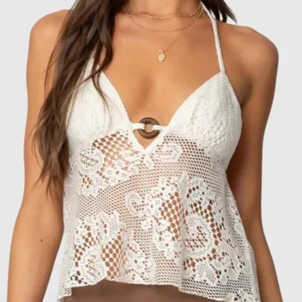 🤍 Edikted Cream Crochet Halter Top | Open Back | Y2K Beach | Size M | NWT
